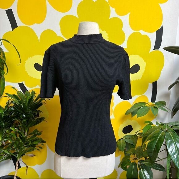 Vintage 1990s St. John Knit Black Ribbed Mock Neck Short Sleeve Back Zip Blouse - Picture 2 of 8